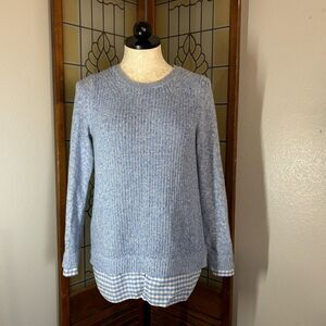 Talbots Blue Pima Cotton Knit Pullover Layered Gingham Trim Sweater Size Size S